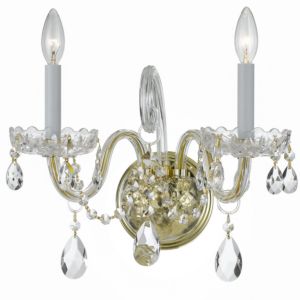 Crystorama Traditional Crystal 2 Light 12 Inch Wall Sconce in Polished Brass with Hand Cut Crystal Crystals