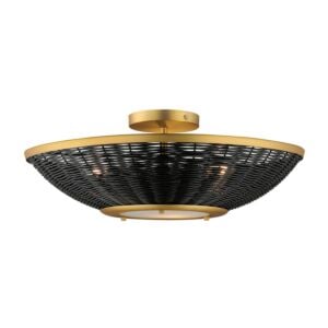 Rattan 3-Light Wall Sconce with Semi-Flush Mount in Natural Aged Brass