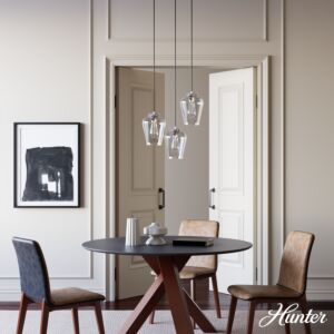 Hunter Vidria Clear Glass 3-Light Round Pendant Cluster in Brushed Nickel