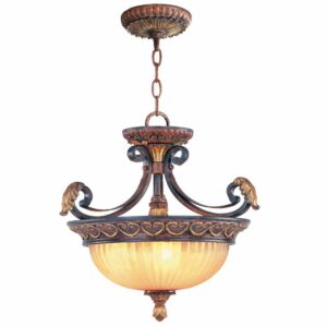 Villa Verona 3-Light Pendant with Ceiling Mount in Hand Applied Verona Bronze w/ Aged Gold Leafs