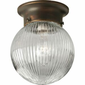 Globe - Clear Ribbed 1-Light Flush Mount in Antique Bronze