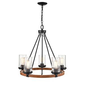   Transitional Chandelier in Matte Black and Wood Grain
