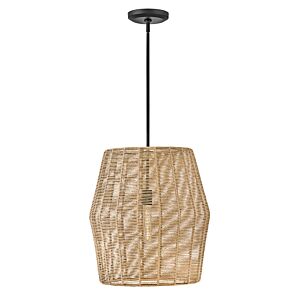 Hinkley Luca 1-Light Pendant In Black With Camel Rattan Shade