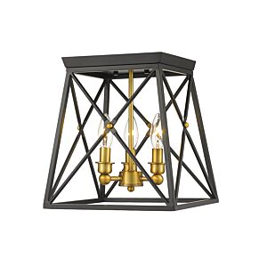 Z-Lite Trestle 3-Light Flush Mount Ceiling Light In Matte Black With Olde Brass