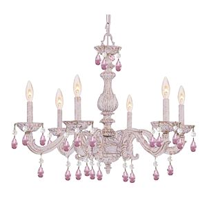 Crystorama Paris Market 6 Light 21 Inch Transitional Chandelier in Antique White with Rose Colored Hand Cut Crystals
