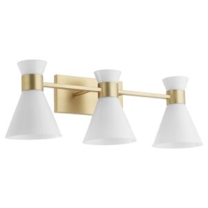 Beldar 3-Light Bathroom Vanity Light in Aged Brass w with Gloss Opal