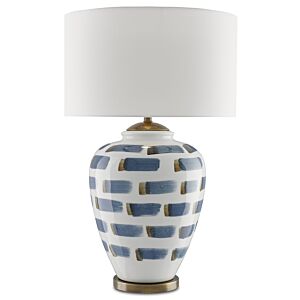 Currey & Company 33 Inch Brushstroke Table Lamp in White and Blue and Antique Brass