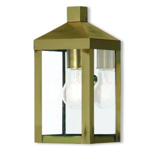 Nyack 1-Light Outdoor Wall Lantern in Antique Brass w with Polished Chrome Stainless Steel