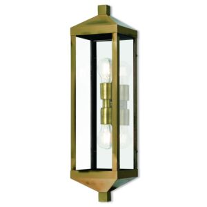 Nyack 2-Light Outdoor Wall Lantern in Antique Brass w with Polished Chrome Stainless Steel
