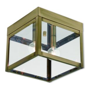 Nyack 2-Light Outdoor Ceiling Mount in Antique Brass w with Polished Chrome Stainless Steel