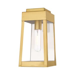 Oslo 1-Light Outdoor Wall Lantern in Satin Brass w with Polished Chrome Stainless Steel