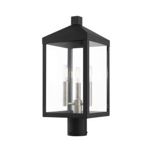 Nyack 3-Light Outdoor Post Top Lantern in Black w with Brushed Nickel Cluster