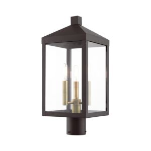 Nyack 3-Light Outdoor Post Top Lantern in Bronze w with Antique Brass Cluster