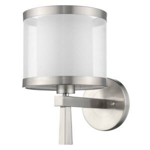 Lux 1-Light Brushed Nickel Wall Lamp With Metal Trimmed Sheer Snow Shantung Two Tier Shade