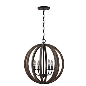 Visual Comfort Studio Allier 4-Light Pendant Light in Weathered Oak Wood And Antique Forged Iron by Sean Lavin