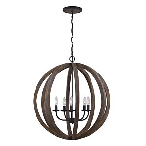 Visual Comfort Studio Allier 5-Light Pendant Light in Weathered Oak Wood And Antique Forged Iron by Sean Lavin
