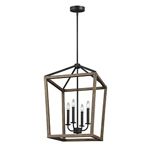 Visual Comfort Studio Gannet 4-Light Chandelier in Weathered Oak Wood And Antique Forged Iron by Sean Lavin