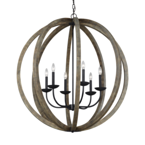 Allier 6 Light Pendant Light in Weathered Oak Wood And Antique Forged Iron by Sean Lavin