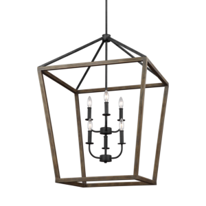 Gannet 6 Light Chandelier in Weathered Oak Wood And Antique Forged Iron by Sean Lavin