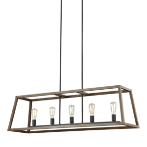 Gannet 5 Light Kitchen Island Light in Weathered Oak Wood And Antique Forged Iron by Sean Lavin