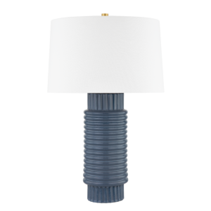 Broderick 1-Light Table Lamp in Aged Brass With Grey Blue Reactive Ceramic