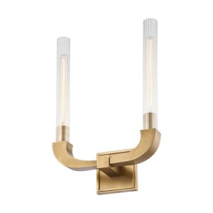 Alora Flute 2 Light Bathroom Wall Sconce in Vintage Brass And Clear Ribbed Glass