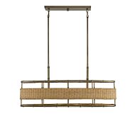 Savoy House Arcadia 4 Light Linear Chandelier in Burnished Brass with Natural Rattan