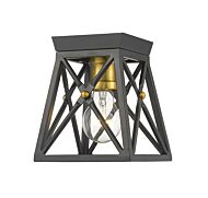 Z-Lite Trestle 1-Light Flush Mount Ceiling Light In Matte Black With Olde Brass