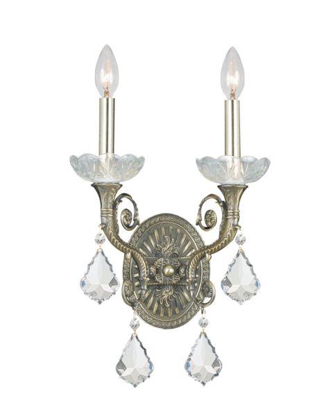 Crystorama Majestic 2 Light 15 Inch Wall Sconce in Historic Brass with Clear Hand Cut Crystals