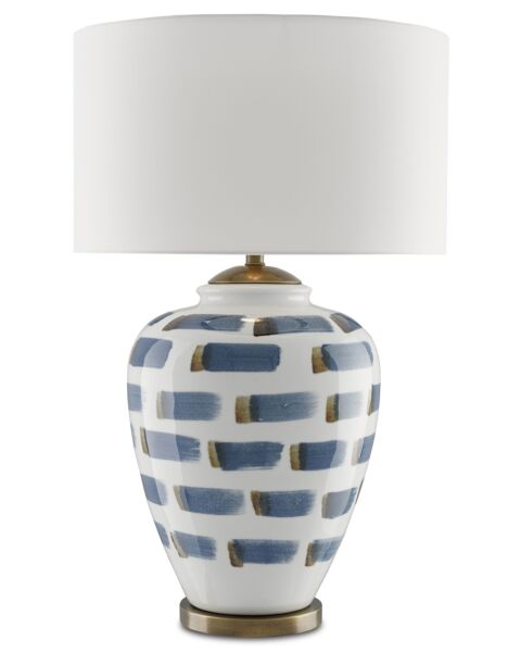 Currey & Company 33" Brushstroke Table Lamp in White and Blue and Antique Brass