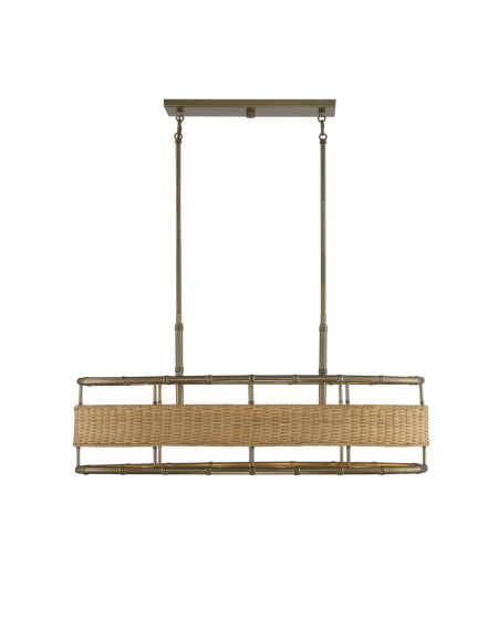 Arcadia 4-Light Linear Chandelier in Burnished Brass with Natural Rattan