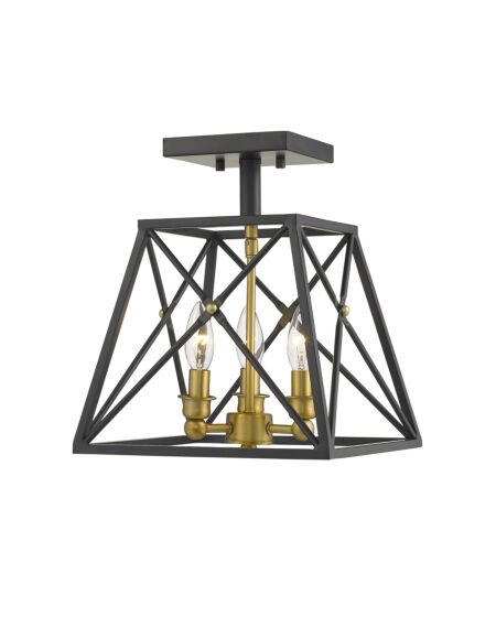 Z-Lite Trestle 3-Light Semi Flush Mount Ceiling Light In Matte Black With Olde Brass