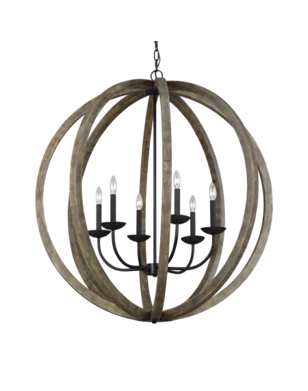 Visual Comfort Studio Allier 6-Light Pendant Light in Weathered Oak Wood And Antique Forged Iron by Sean Lavin